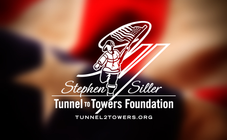 Stephen Siller Tunnel to Towers Foundation logo on an blurred American flag background